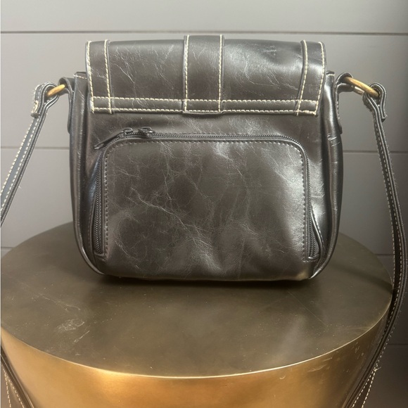 Black Faux Leather Crossbody Bag Gold Accents White Stitching and Wallet Classic - Picture 2 of 9